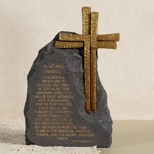 The Lord's Prayer Stone Decor, Religious Cross, Resin Black with Gold Text, 9.4inches, Christian Home Office Table Decoration - color: Black