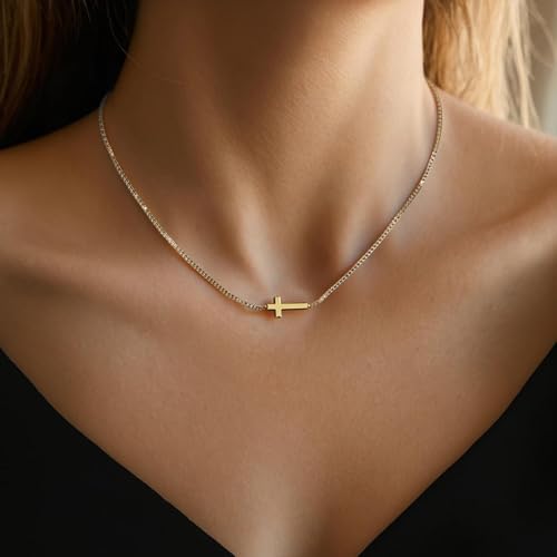 Cross Necklace for Women - Dainty 14K Gold Silver Plated Cross Necklace Choker Jewelry Cute Simple Small Trendy Non Tarnish Waterproof Faith Religious Jewelry Gift for Teenage - style: 07-Cross-Gold