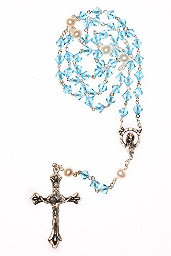 Catholic Prayer Rosary Created with Swarovski® Crystals-Glass-Silver-Gold - color: Aquamarine - March - SILVER