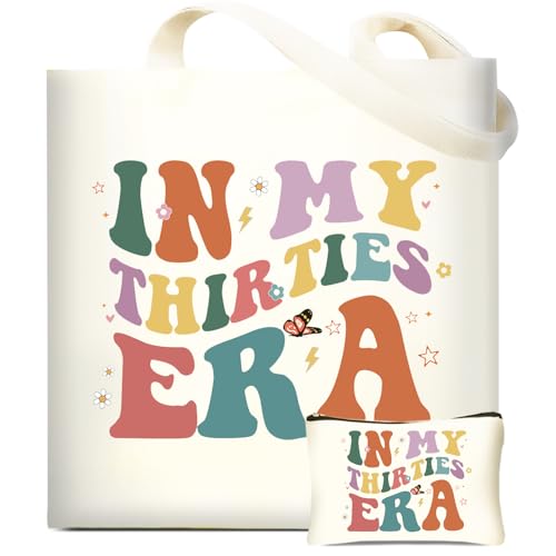 DHQH 30th Birthday Gifts for Women, 1995 Happy 30th Birthday Gifts Ideas for Mom Sister Friend Wife Aunt Daughter Coworker, Canvas Tote Bag with Makeup Bag - style: Baga Thirtis