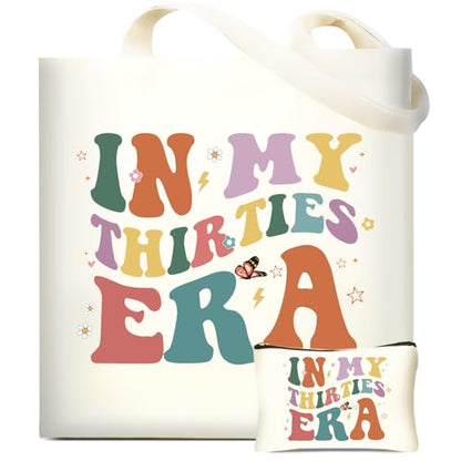 DHQH 30th Birthday Gifts for Women, 1995 Happy 30th Birthday Gifts Ideas for Mom Sister Friend Wife Aunt Daughter Coworker, Canvas Tote Bag with Makeup Bag - style: Baga Thirtis