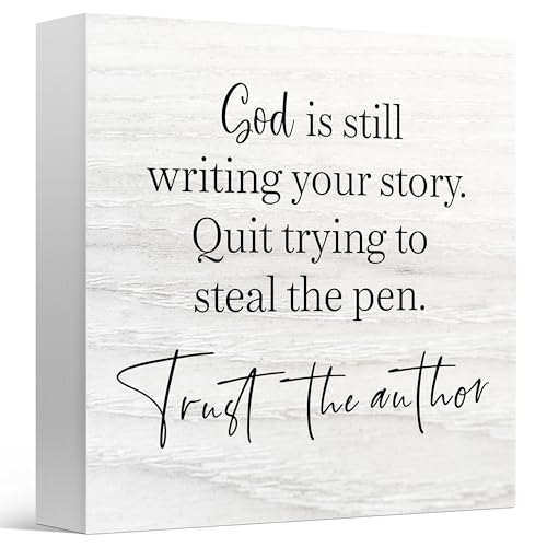 Bible Verse Decor Box Sign for Home Church, God Is Still Writing Your Story Trust the Author, Christian Wooden Sign 5x5 Inches - color: Navy
