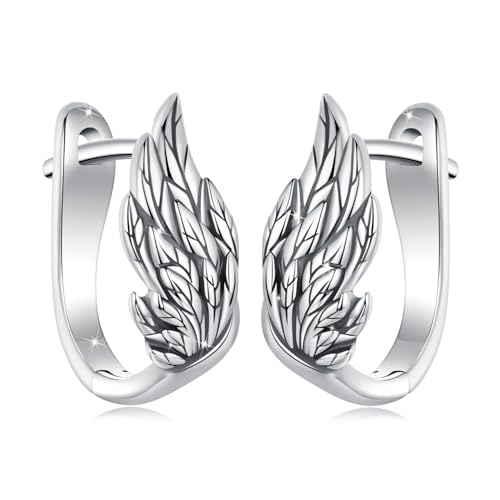 Silver Plated Hoop Earrings for Women Infinity Angel Feather Pearl Turquoise Cross Star Huggie Ear Buckles Hypoallergenic Posts Dainty Jewelry Gift - color: Silver Wings