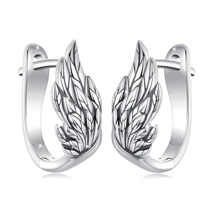 Silver Plated Hoop Earrings for Women Infinity Angel Feather Pearl Turquoise Cross Star Huggie Ear Buckles Hypoallergenic Posts Dainty Jewelry Gift - color: Silver Wings