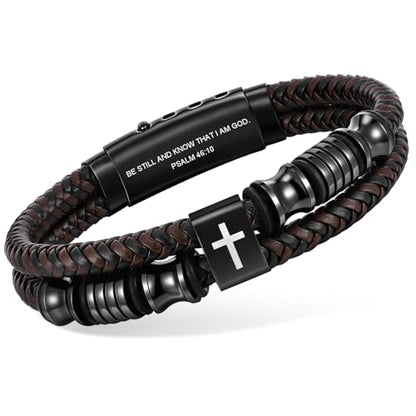 Christian Brown Leather Bracelet for Men - Double-Row Braided Leather Faith Cross Bracelets Bangle Religious Baptism Inspirational Bible Verse Jewelry Gift for Young Men Teenage, Adjustable Wristband - color: Psalm 46:10
