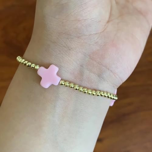 Colorful Cross Charm Bracelets for Women Men Adjustable Gold Plated Beaded Bracelet Boho Bead Ball Stretch Bracelet Birthday Summer Beach Jewelry - color: Pink