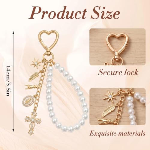 Cute Bag Charms Keychain - Pearl Keyring Wristlet Birthday Gifts - color: Gold Cross