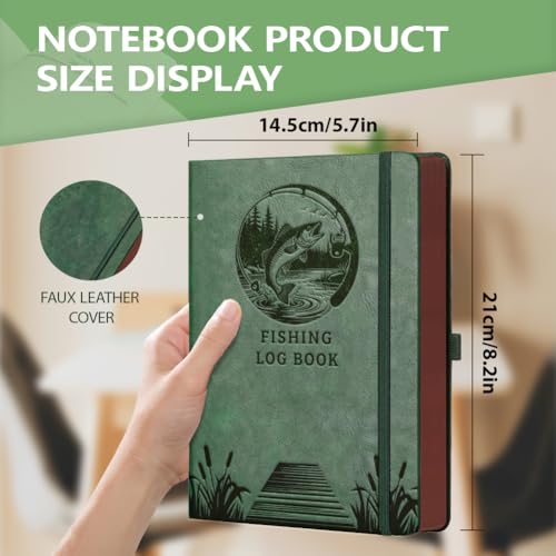 A5 Fishing Lake Landscape Leather Journal, 300 Pages Lined Notebook, Green Vintage Pattern Hardcover Notebook for Travel Diary, Business, Work and School Daily Writing - style: Fishing