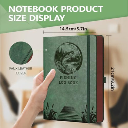 A5 Fishing Lake Landscape Leather Journal, 300 Pages Lined Notebook, Green Vintage Pattern Hardcover Notebook for Travel Diary, Business, Work and School Daily Writing - style: Fishing