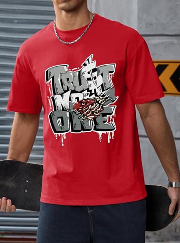 Herberton Men's Graphic T-Shirt Loose Fit Cotton Fashion Casual Streetwear Crewneck Short Sleeve Tee (S-XXL) - color: Red, size: Large
