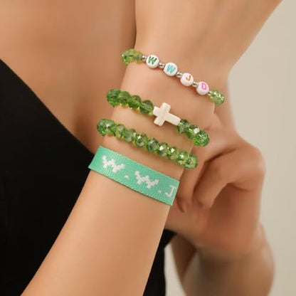 WWJD Bracelets Set WWJD Wristbands Christian Cross Bracelet Stackable Clay Bead Bracelets Stretch Glass Beaded Inspirational Christian Jewelry Gift for Couples Women Men - color: 4 Pcs Green