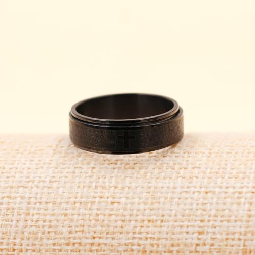 Uloveido Lord's Religious Prayer Cross Spinner Ring for Men Engraved with Bible Verse Our Father Deliver Us From The Evil - 8mm Wide Black Titanium Steel Anxiety Fidget Band Praying Rings for Christian YA4879