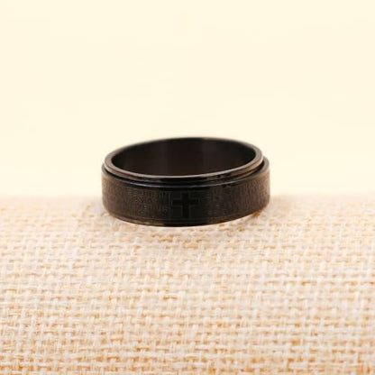 Uloveido Lord's Religious Prayer Cross Spinner Ring for Men Engraved with Bible Verse Our Father Deliver Us From The Evil - 8mm Wide Black Titanium Steel Anxiety Fidget Band Praying Rings for Christian YA4879
