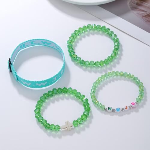 WWJD Bracelets Set WWJD Wristbands Christian Cross Bracelet Stackable Clay Bead Bracelets Stretch Glass Beaded Inspirational Christian Jewelry Gift for Couples Women Men - color: 4 Pcs Green