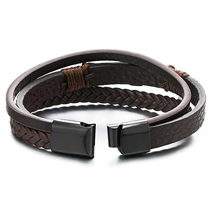 COOLSTEELANDBEYOND Mens Women Steel Horizontal Sideway Lateral Flat Cross Multi-Strand Leather Bangle Bracelet - color: A-Metal Color: Black; Leather Color: Brown