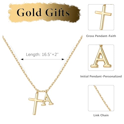 Cross Initial Necklace for Women, 14K Gold Plated Dainty Cross & Letter(A-Z) Pendant Necklace, Personalized Monogram Letter Christian Jewelry,Baptism First Communion Confirmation Easter Gift - color: Gold A