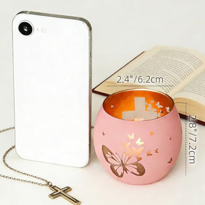 Religious Gifts for Women & Girls, Set of 2 Pink Butterfly Cross Tealight Candle Holders for Table Decor, Christian Baptism, Confirmation, Memorial, Easter Gift