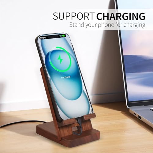 LUCKY BEAN Wood Phone Stand, Desktop Wooden Phone Holder, Portable Office Phone Stand for Desk, Wood ipad Stand， Compatible with iPhone & All Cell Phones (Walnut) - color: Walnut