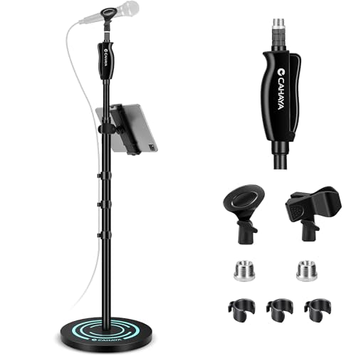 CAHAYA Microphone Stand Floor Adjustable - Mic Stand Universal with 7.12 lbs Weighted Round Metal Base Mic Stands with Phone Holder Mic Floor Stand with 2 Mic Clips and 3/8'' to 5/8'' Adapter