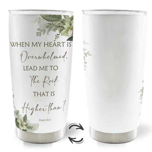 Christian 20oz Travel Coffee Mug Tumbler, Christian Religious Gifts for Women Men, When My Heart is Overwhelmed Bible Verse Stainless Steel Tumbler with Lid and Straw - color: therock