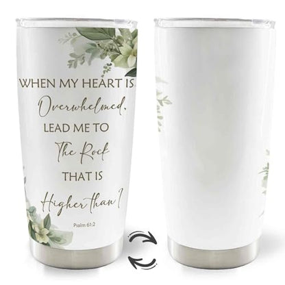 Christian 20oz Travel Coffee Mug Tumbler, Christian Religious Gifts for Women Men, When My Heart is Overwhelmed Bible Verse Stainless Steel Tumbler with Lid and Straw - color: therock
