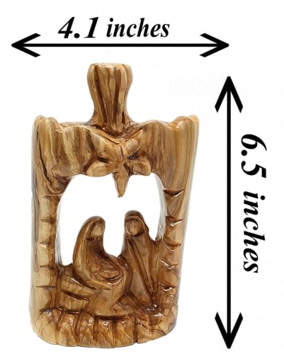 Zuluf Olive Wood Nativity Scene 6.5" - Large Abstract Hand Carved Holy Family with Bethlehem Star Christmas Decor HOF056