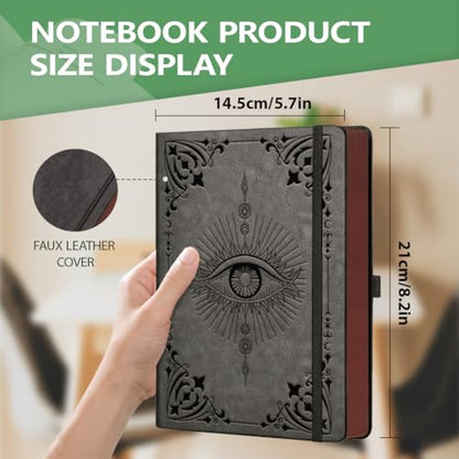 A5 Mystic Eye Leather Journal, 300 Pages Lined Notebook, Black Vintage Pattern Hardcover Notebook for Travel Diary, Business, Work and School Daily Writing - style: Eye