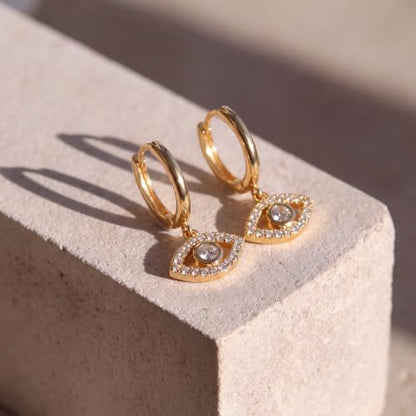 VACRONA Gold Heart Hoop Earrings Huggie Earrings for Women 14k Gold Plated Small Hoops Earrings - color: White Evil Eye