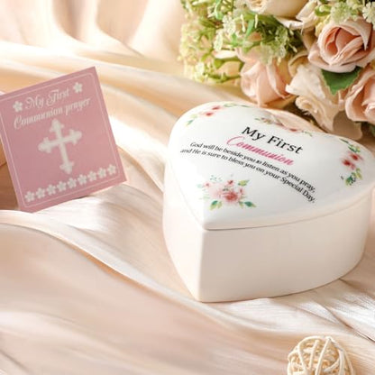 Funtery First Communion Gifts for Girls Ceramic Jewelry Keepsake Box with a Pray Card 1st Holy Communion Gifts for Girls Boys(Heart,Pink)