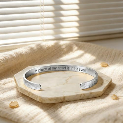 Inspirational Bible Verse Cuff Bracelet for Women, 18K Gold Plated Hammered Bangle, Christian Faith Jewelry Gift, Adjustable Non Tarnish - color: A piece of my heart is in heaven-Hammered Silver