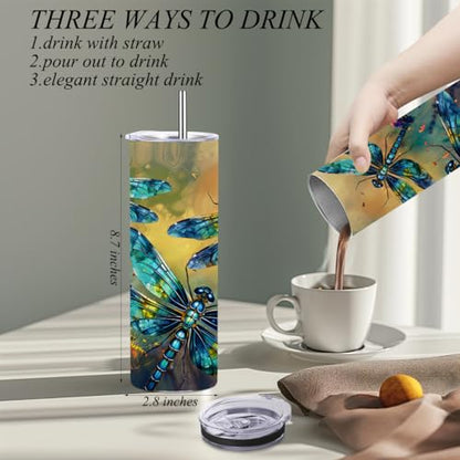 Coffee Tumbler, 20 oz Tumbler, Insulated Coffee Mug with Lid, Skinny Stainless Steel Thermal Cup, Slim Vacuum Water Bottle Travel Mug, Christmas Birthday Dragonfly Gifts for Women Men Girls Sister - color: Dragonfly 1150