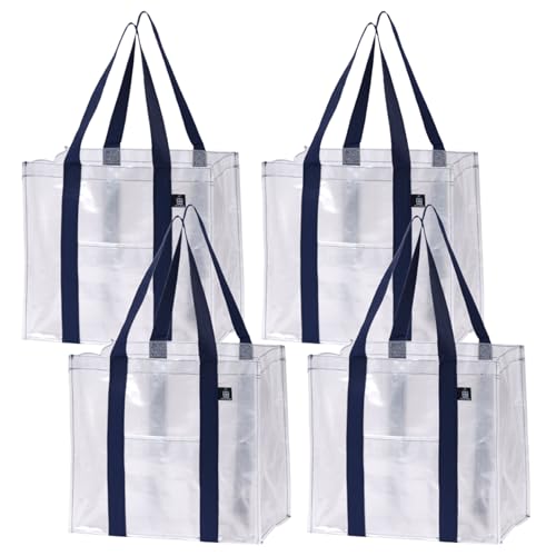 VENO 4 Pack Large Grocery Bag Reusable Shopping Bags with Hard Bottom - color: Clear