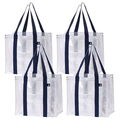 VENO 4 Pack Large Grocery Bag Reusable Shopping Bags with Hard Bottom - color: Clear