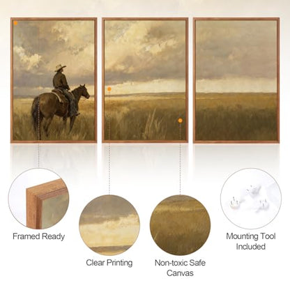 Aurlan 3 Pcs Western Cowboy Framed Wall Art 24x36 Inch - color: Western Cowboy, size: 24"x36"