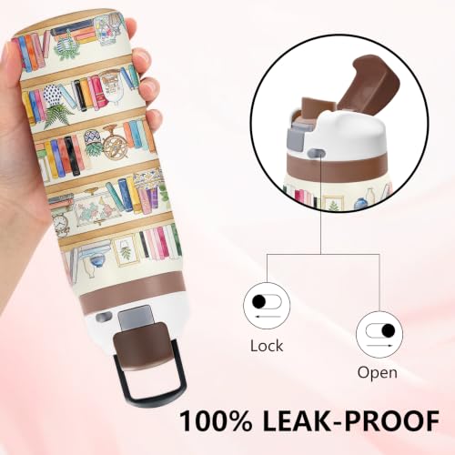 Books 32oz Insulated Water Bottle, Booklover Gift, 2-in-1 Lid, 1PCS - color: Books-Beige