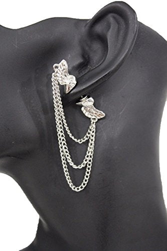 TFJ Women Fashion Stud Front and Back Earring Silver Angel Wings Chains Urban 1 Side