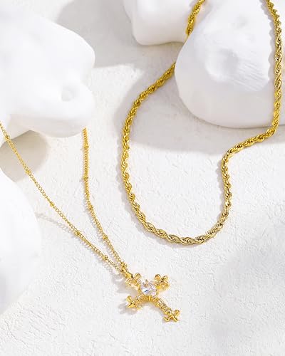 CONRAN KREMIX Waterproof Gold Layered Cross Necklace for Women Non Tarnish,14k Gold Plated Stainless Steel Dainty Cross Necklace Stack Necklaces Set for Women Christian Gifts Jewelry - color: Gold-Cross02
