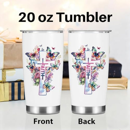 Christian Gifts for Women Sister Tumbler, Inspirational Bible Verse Butterfly Gifts Birthday Christmas, Faith Religious Coffee Mug Stainless Steel Vacuum Insulated Double Wall Travel Cup with Lid - color: Faith Butterfly 1228