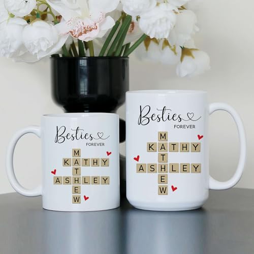 Personalized Besties Forever Mug - Custom Besties Names Crossword Puzzle Mug - Peronalized Sisters Names - Birthday Gift For Best Friend - Long Distance Besties Cup - color: SCRABBLE-M1