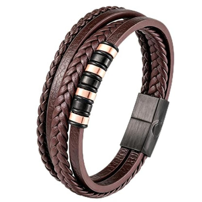 Kim Carrey Italian Handmade Leather Bracelets for Men - color: Brown, size: 7.4"