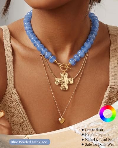 ZHESHY Chunky Beaded Necklaces for Women Heart Cross Statement Necklace - color: Blue 1