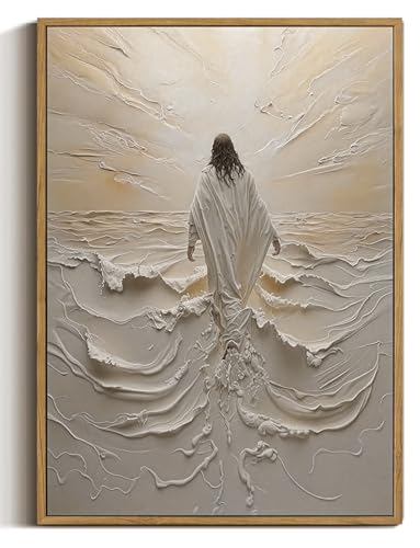 Jesus Walking on Water Beige Framed Canvas Wall Art 16x24 inch - color: Walking on Water Beige, size: 16"x24" Natural