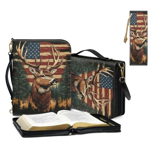 Bible Cover for Women Men with Bookmark and Shoulder Strap Large Leather Bible Case Vintage Bibles Protector - color: American Flag Reindeer, size: X-Large