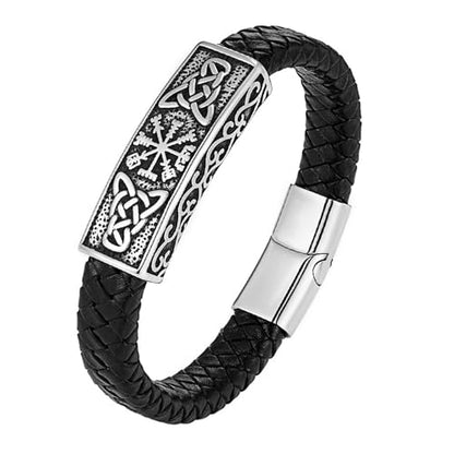 YL Mens Cross Viking Celtic Ankh Odin Compass Life Tree Leather Bracelet, 18K Gold/Black Rhodium Stainless Steel Christian Religious Protection Talisman Brown Cuff Handcrafted Jewelry Gifts - color: 18K White Gold-Celtic Compass, size: 8.3"(210mm)