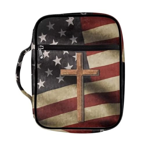 Coldinair American Flag Cross Bible Cover for Men and Women Bible Case Bible Carrier Carrying Organizer Purse Handbag with Zipper Pockets Church Bag - color: American Flag Cross