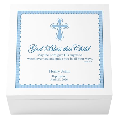 Let's Make Memories Personalized Keepsake Box for Blessed Child - Memories Box - Baptism - Confirmation - Memento Storage - For Boys - 6" Hx12 Sq - God Bless - Blue - color: God Bless - Blue Text