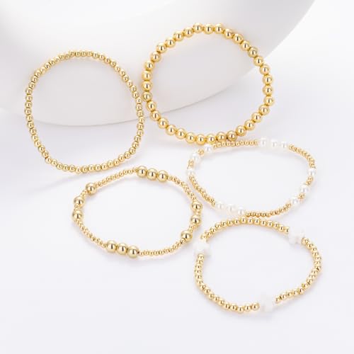 Gold Beaded Pearl Cross Bracelets Stackable Christian Stretch Jewelry Set - color: White