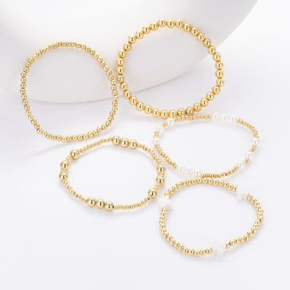 Gold Beaded Pearl Cross Bracelets Stackable Christian Stretch Jewelry Set - color: White