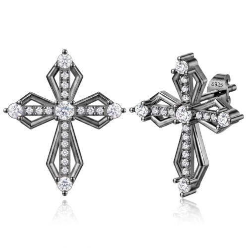 Sterling Silver Dainty Cross Earrings For Women, Christian Religious Faith Cubic Zirconia Stud Earrings - color: black