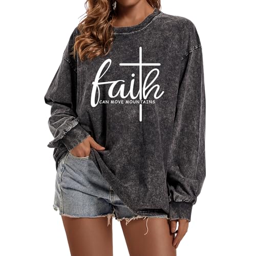 Christian Shirts for Women Faith Can Move Mountains Acid Wash Shirt Jesus Religious Bible Verse Long Sleeve Top - color: Black, size: Medium